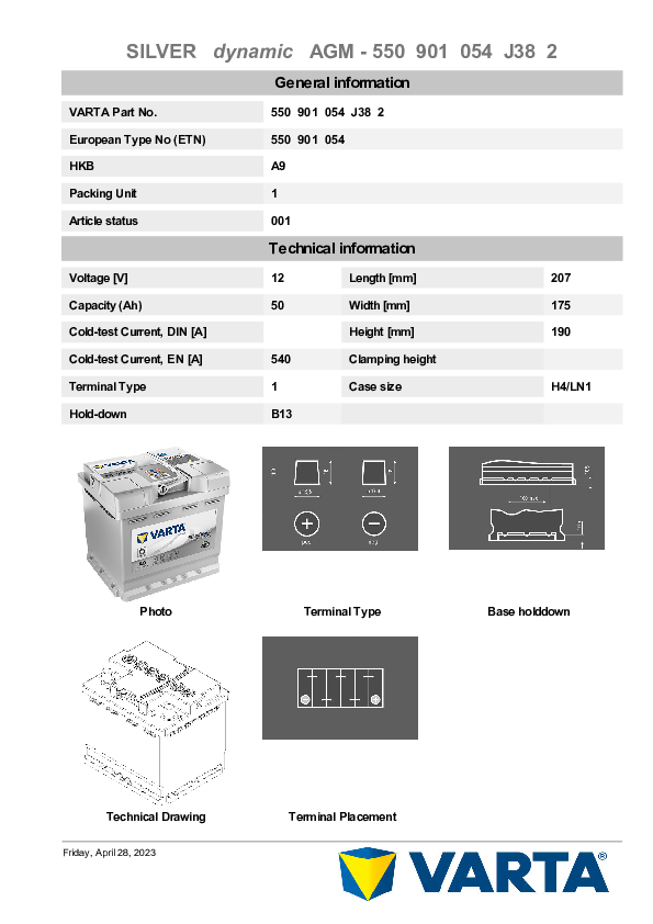 BATTERIE AUTO VARTA A9 SILVER DYNAMIC AGM XEV 12V 50AH 540A - Batteries  Véhicules Hybrides Auto - BatterySet