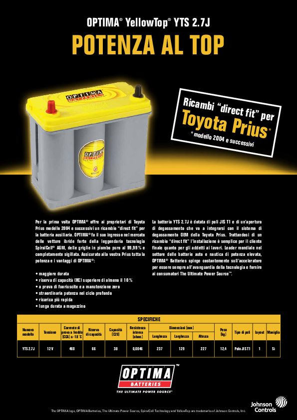 Batterie OPTIMA YELLOW TOP YTS 2.7J 38Ah/460A AGM Spiralé