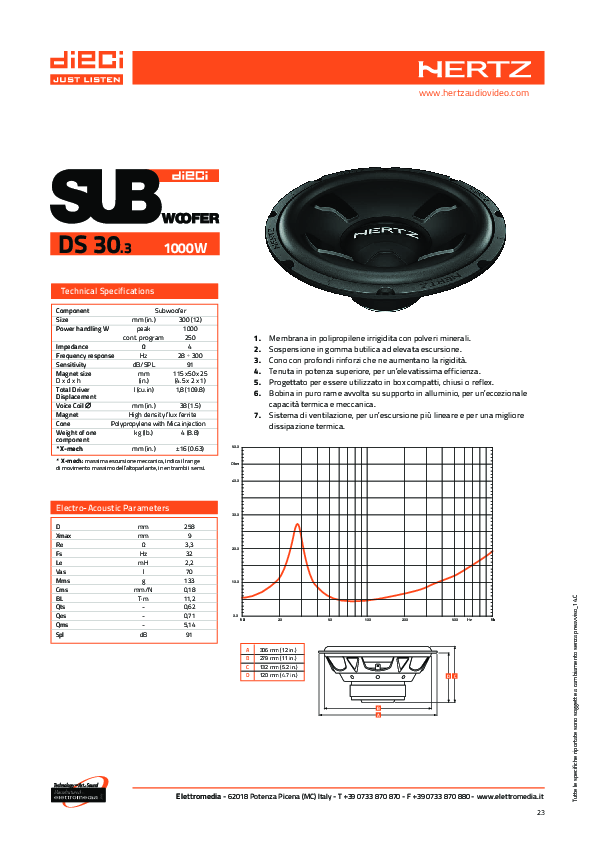 Hertz DS 30.3 Dieci series car audio subwoofer