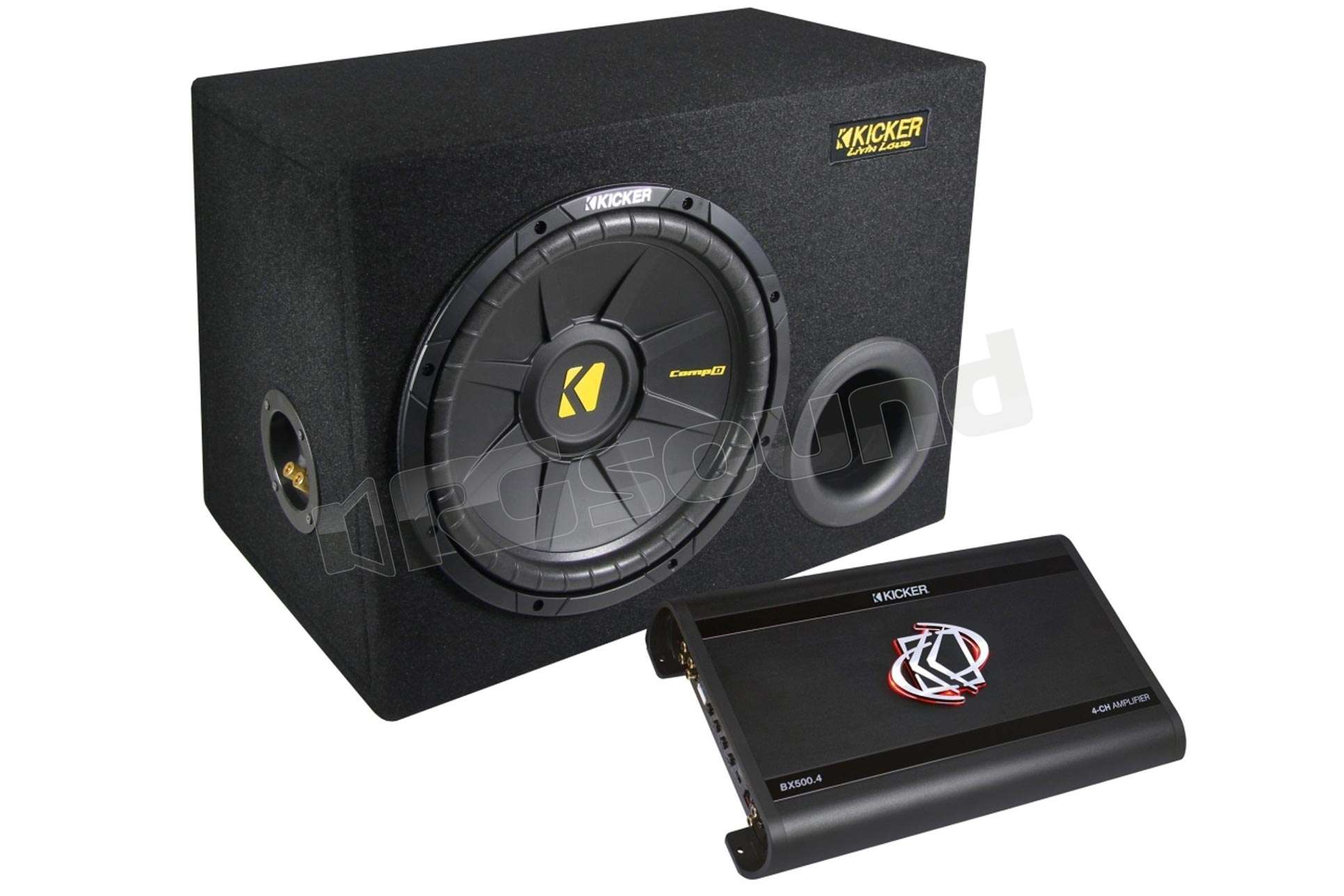 Kicker KPX500.4 sub 30cm in cassa reflex e amplificatore 4 canali Su