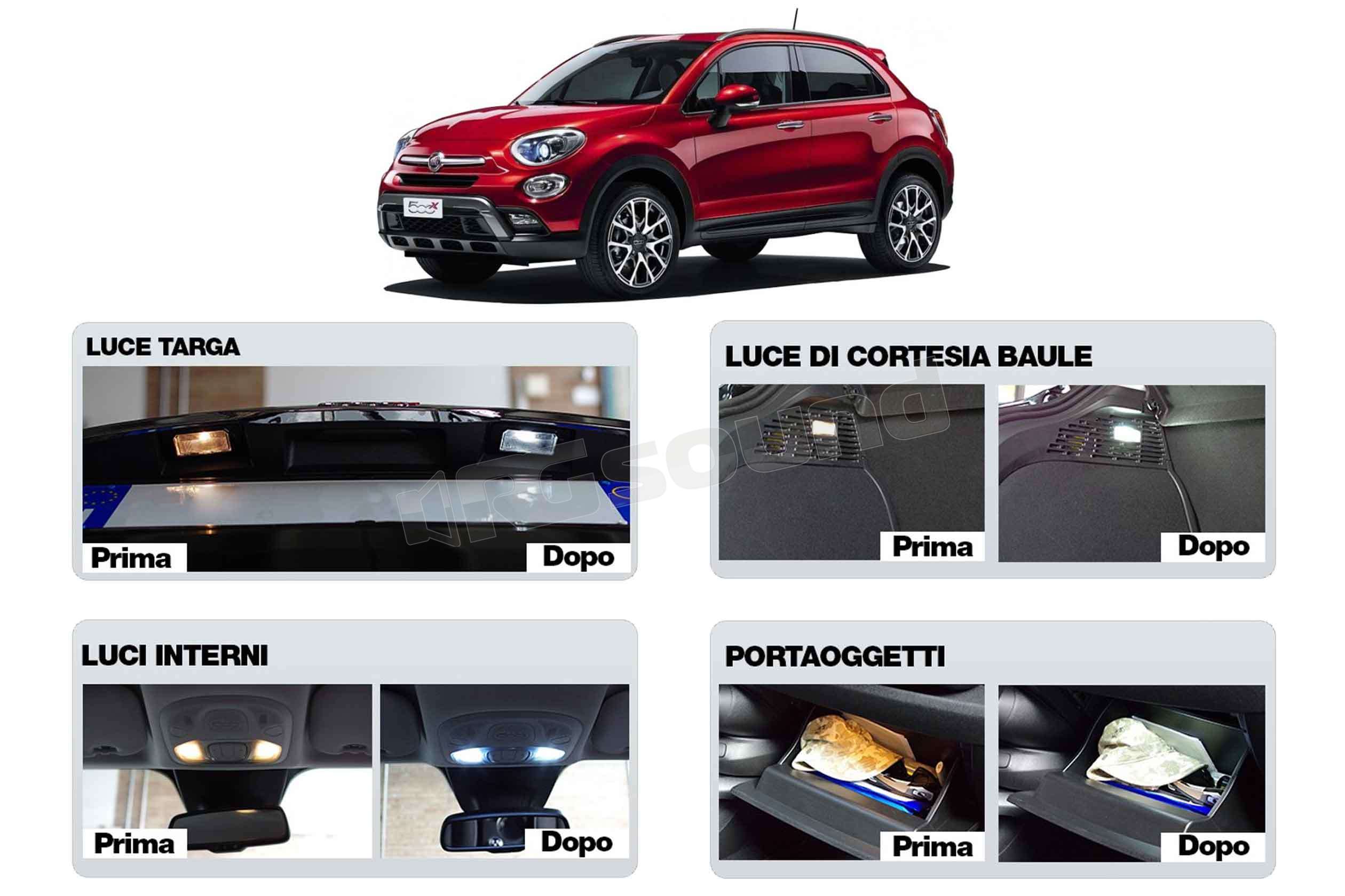 KIT FULL LED INTERNI FIAT 500X PLAFONIERA ANT+POST+PORTAOGGETTI+BAGAGLIAIO 6000K 